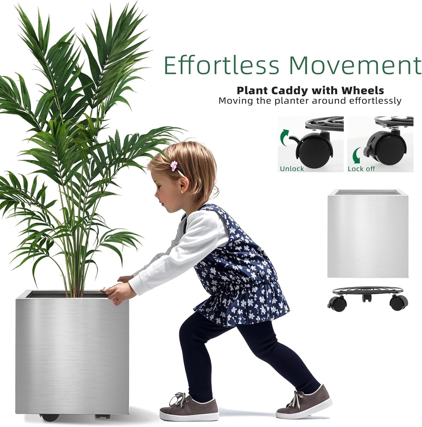 LONGRUNNEW Stainless Steel 25cm Square Planter with Wheels Trolley, Large Plant Pots for Indoor, Outdoor, Business Space, Public Places, Easy to Clean and Move