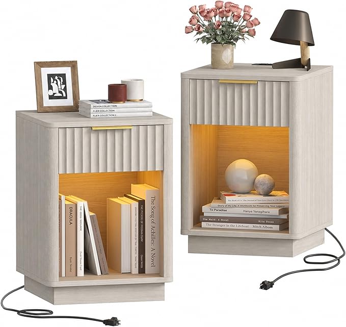 Akxomel Fluted Nightstands Set of 2, Wooden Night Stand
