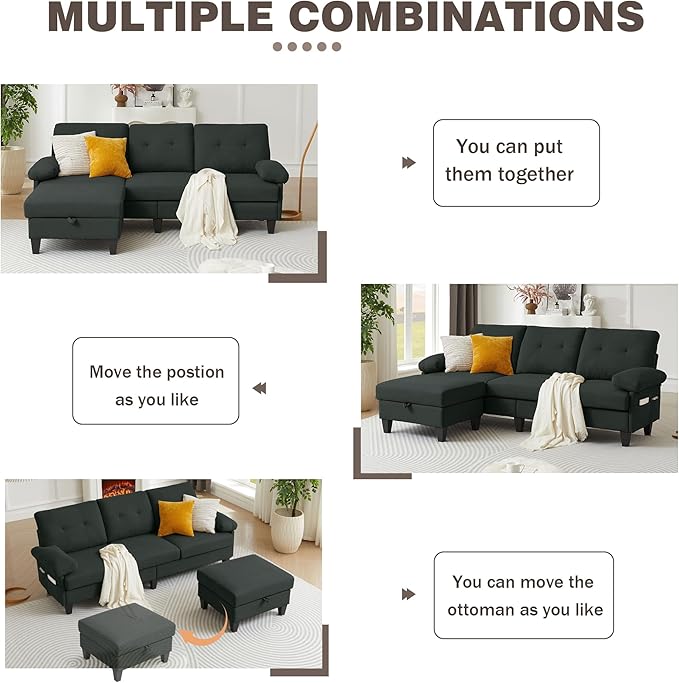 Sectional Sofa Couch for Living Room, Deep 3-Seater L Shaped Couches