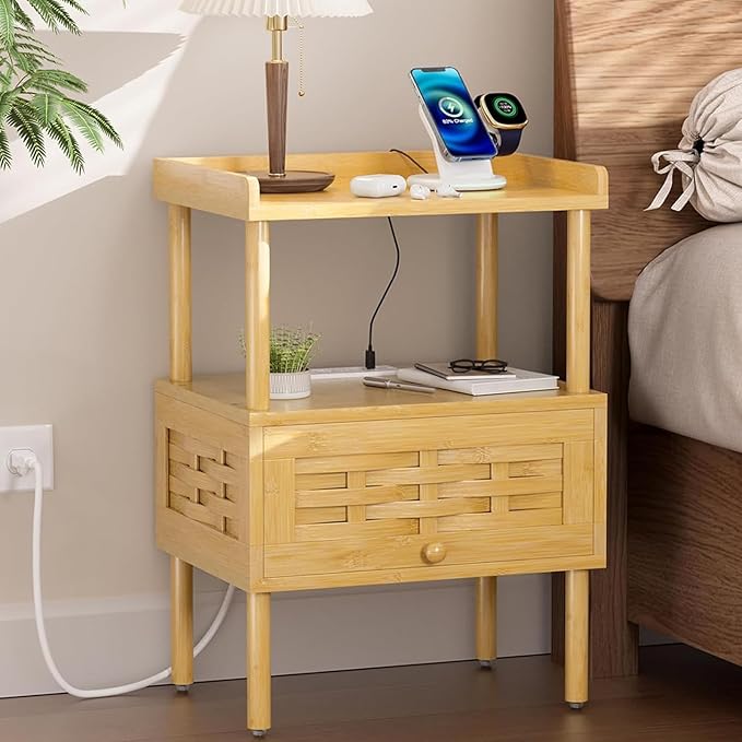 Amazer Nightstand with Charging Station, Bedside Table Bamboo with USB Ports &