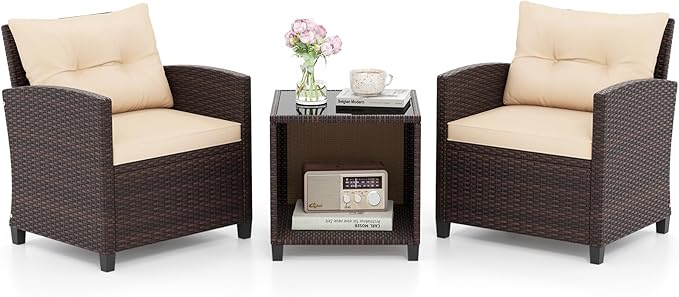 HAPPYGRILL 3 Pieces Patio Conversation Set, Outdoor Rattan Wicker Chairs &