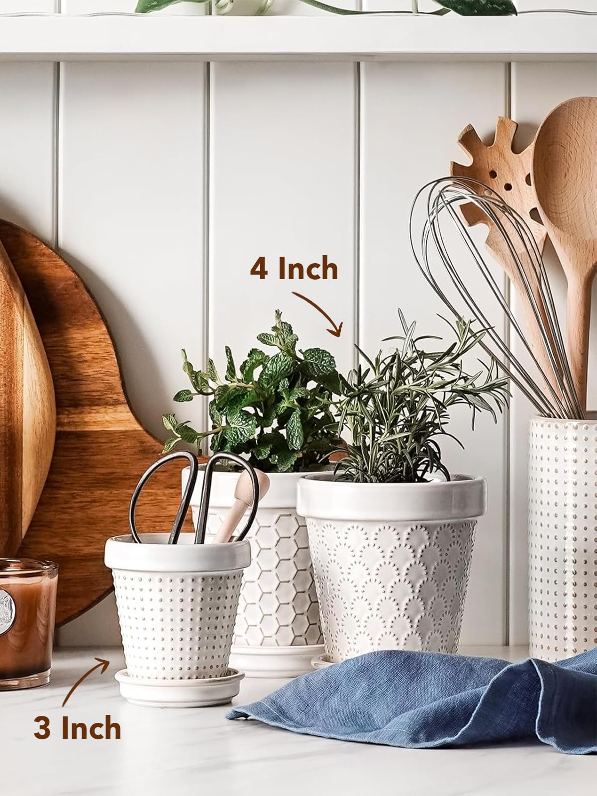 LE TAUCI Ceramic Succulent Pots, 4 Inch Small Plant Pot for Indoor Plant Cactus, Embossed Flower Pots with Drainage Hole & Saucer - Set of 4, Arctic White