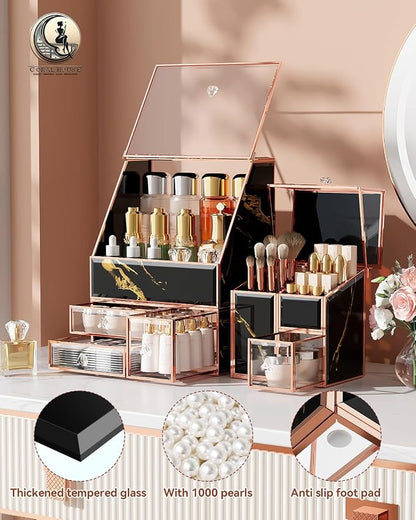 CoralHouse Black Glass Makeup Organizer with Lid, 3-Piece Vanity Organizer with Gold Frame, Cosmetic Display Case for Skincare, Perfume, Lipsticks, Brushes, Bathroom Countertop & Dresser