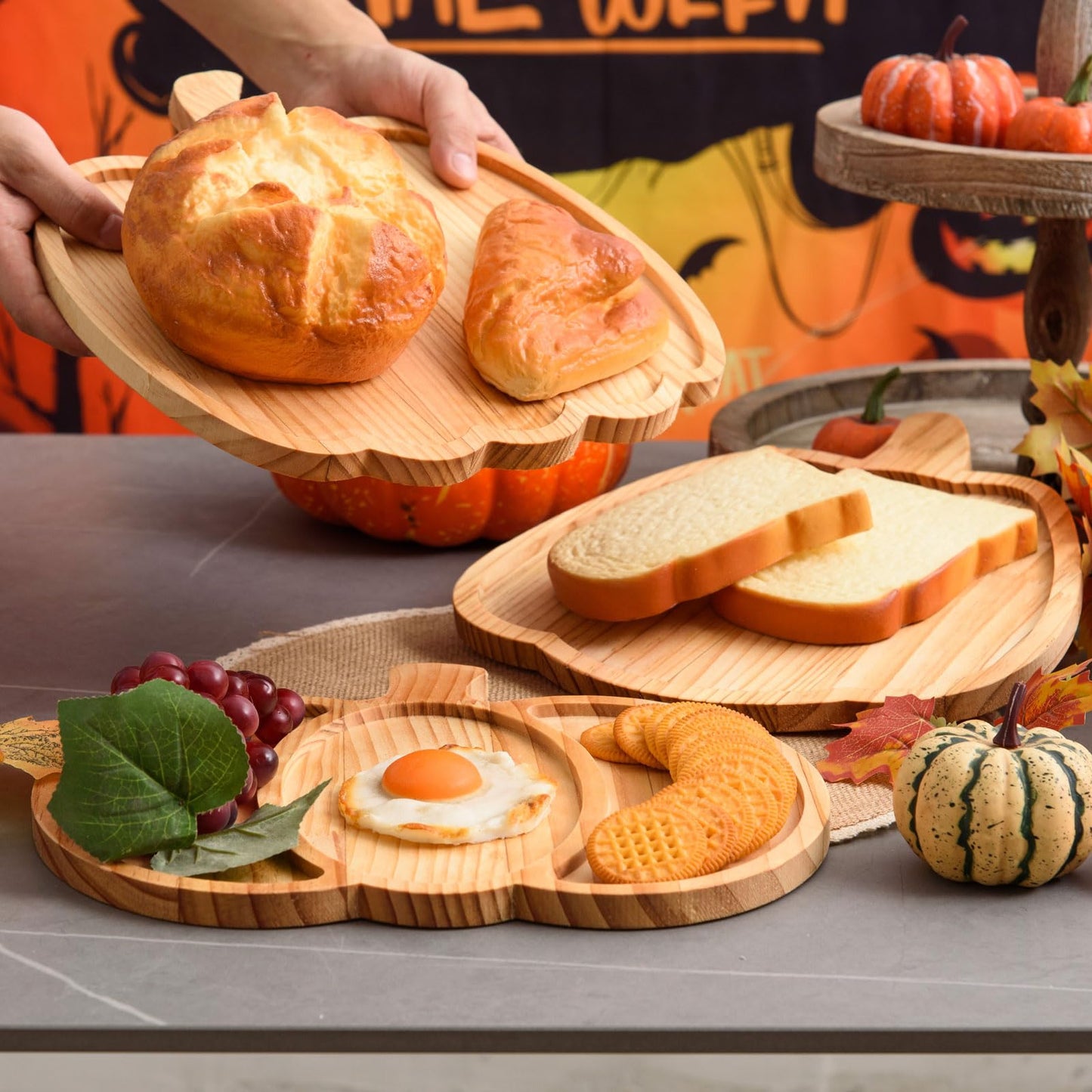 FOBSME 3 Pcs Pumpkin Wooden Charcuterie Boards Thanksgiving Serving Platters Halloween Pumpkin Wooden Serving Trays with Compartments Wood Dish Plates for Autumn Harvest Holiday Housewarming Presents