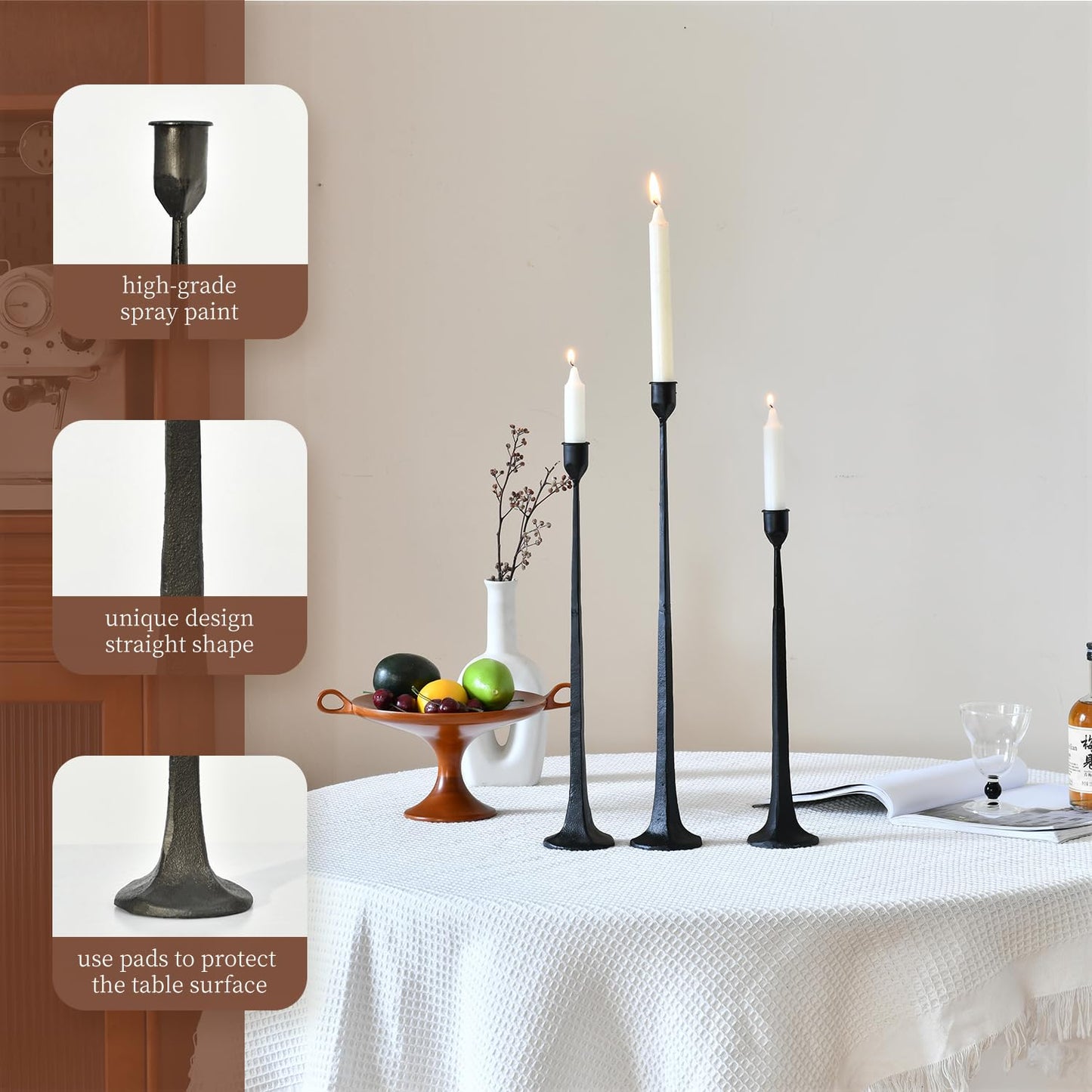 Set of 3 Candle Stick Holders,Iron Black Candlestick Holders, Fits 3/4 inch Thick Candles, Tapered Candle Holders Tall Set for Dining Table, Wedding, Home Decoration