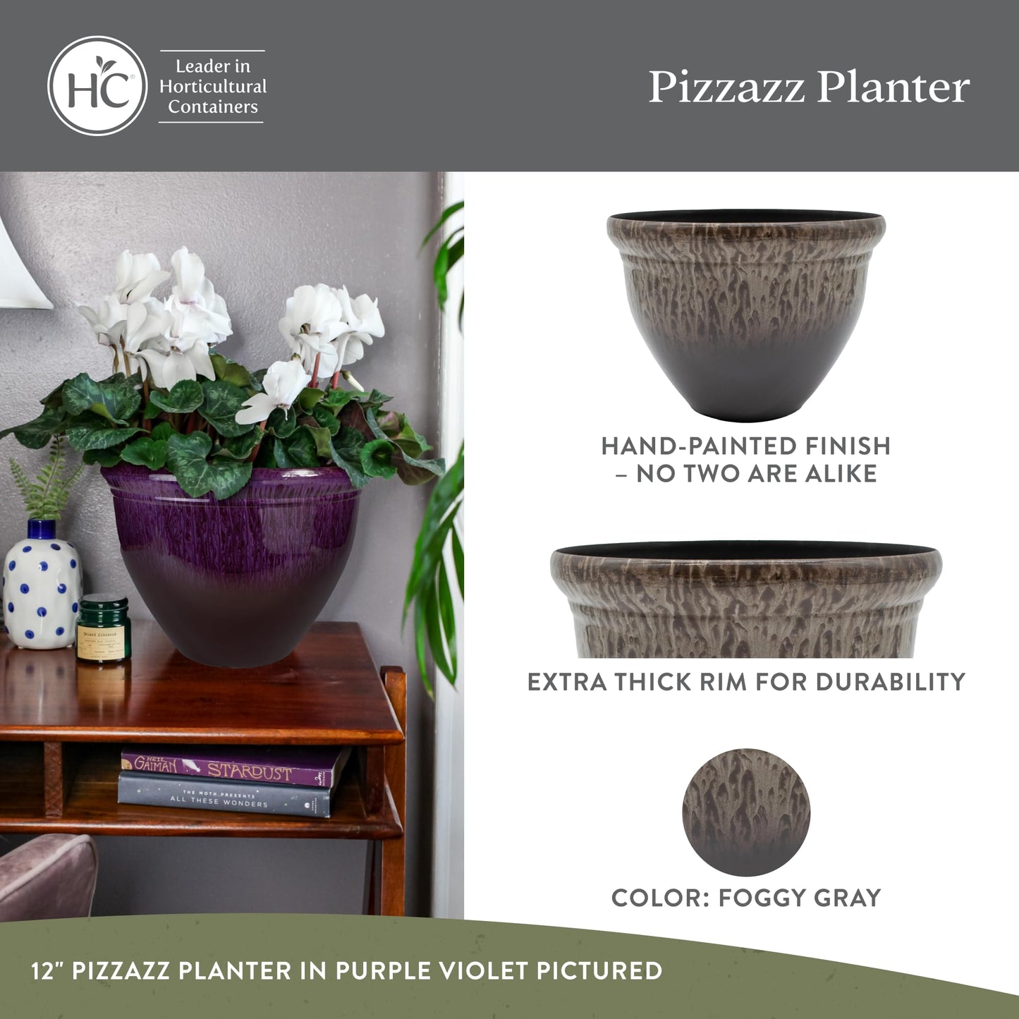The HC Companies 9 Inch Pizzazz Round Planter Pots with Ceramic Look, Lightweight UV-Resistant Plastic Indoor & Outdoor Planters, 2-Pack Flower Pots for Garden & Home Decor, Foggy Gray