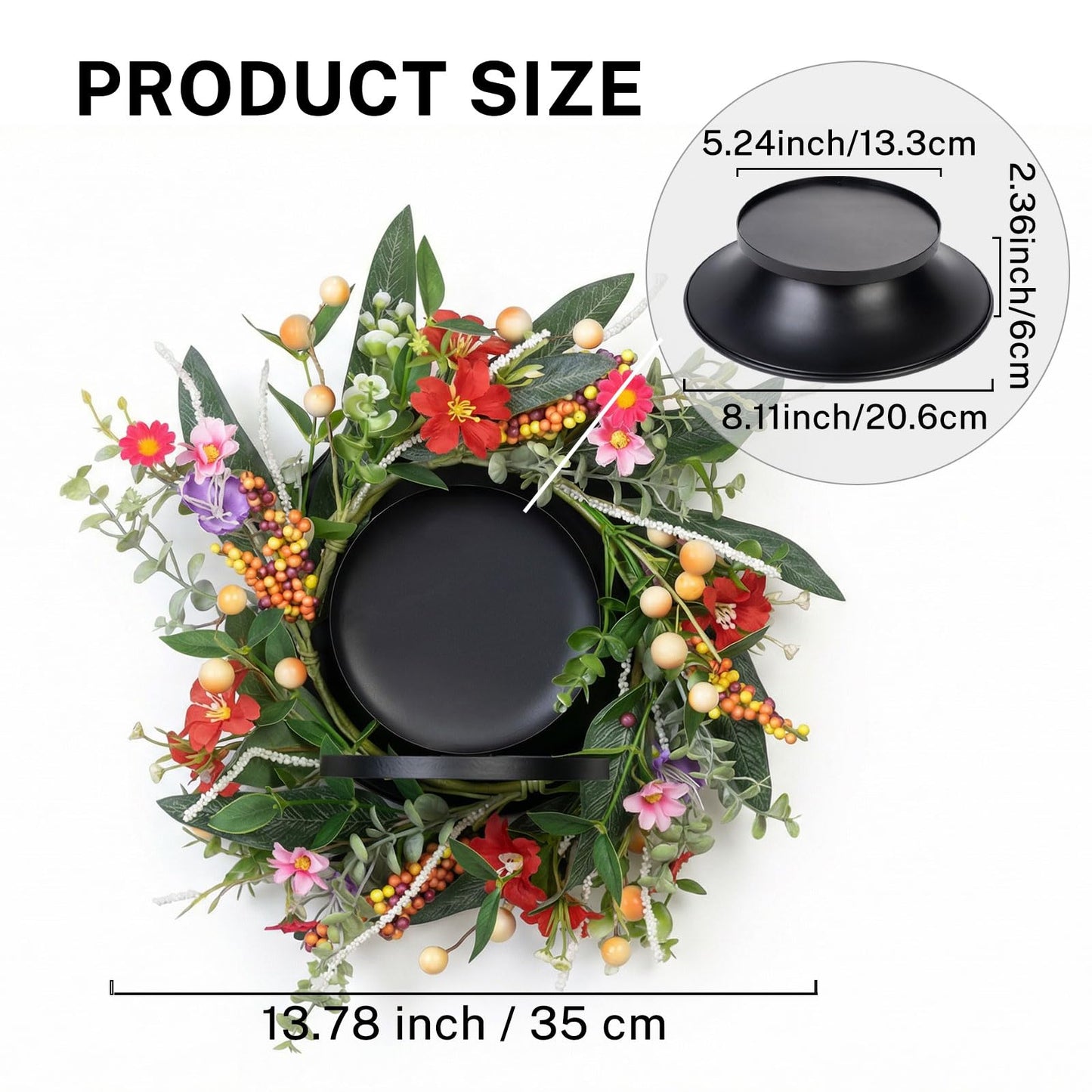 MOYEE Summer Candle Holder Centerpieces for Tables,Candle Ring, Black Metal Candlestick with an Artificial Wreath 14 in Versatile Dining Table Centrepiece (Red Flower Green Leaf Wreath)