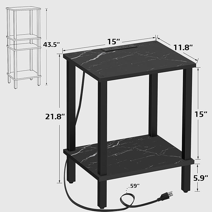 TUTOTAK End Table with Charging Station, Small Side Table, Nightstand Bedside