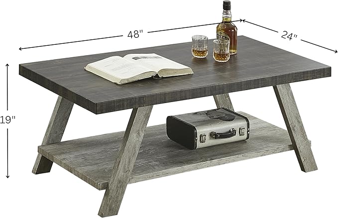 Contemporary Two-Tone Wood Shelf Coffee Table, 48 in Weathered Walnut and Gray