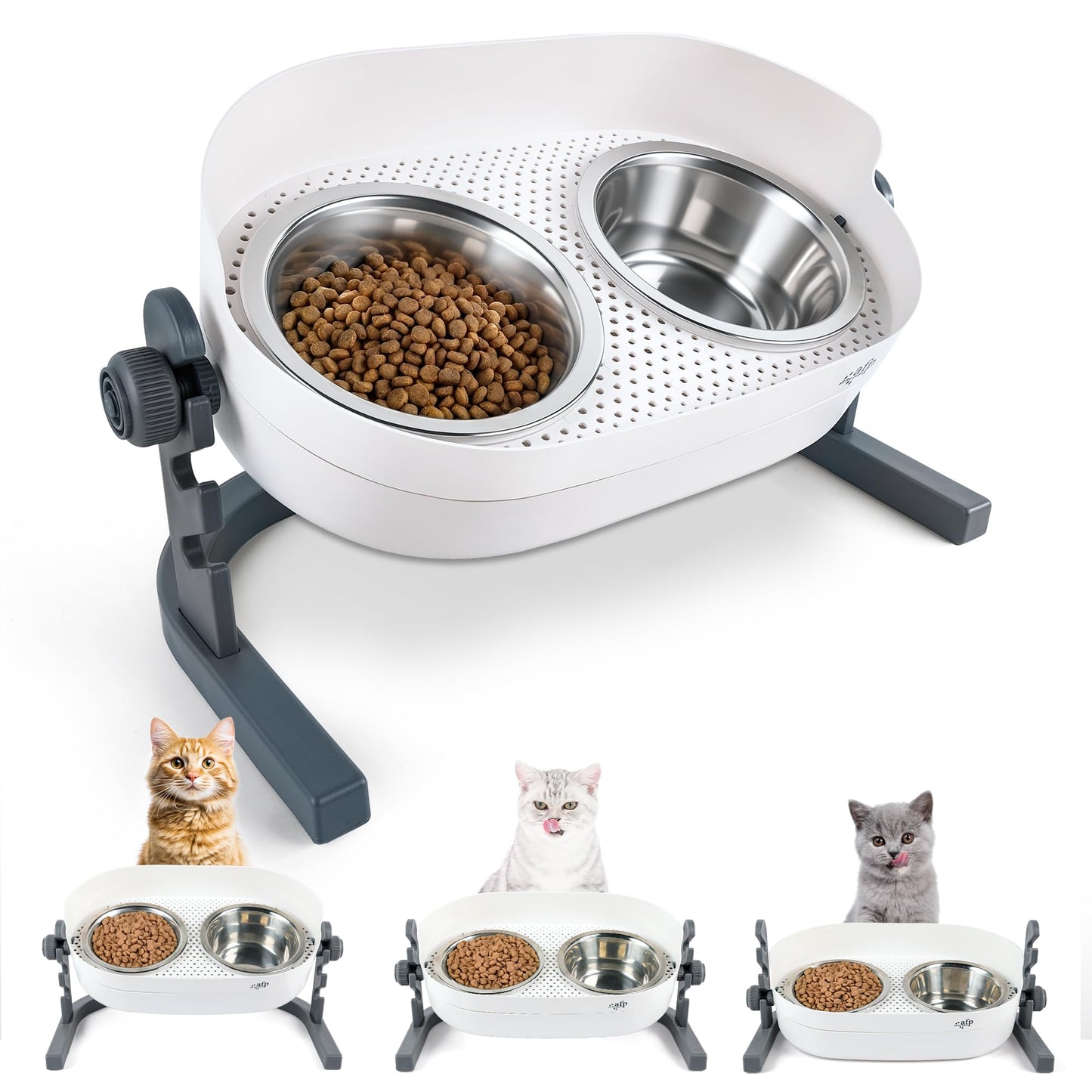 All for Paws Height Adjustable Cat Elevated Bowls Stainless Steel Dog Food Water Bowls, Height Adjustable Cat Feeder Mess Proof Pet Feeding Bowls for Small to Large Size Cats