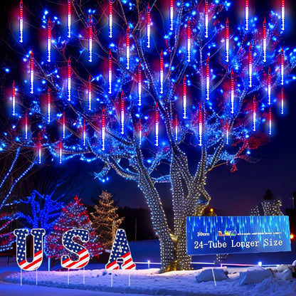 Kwaiffeo 4th of July Decorations Outdoor Red White and Blue Meteor Shower Lights for Patriotic Independence National Memorial Day Decorations, 24 Tubes(Equivalent to 3 Sets of 8-Tubes)