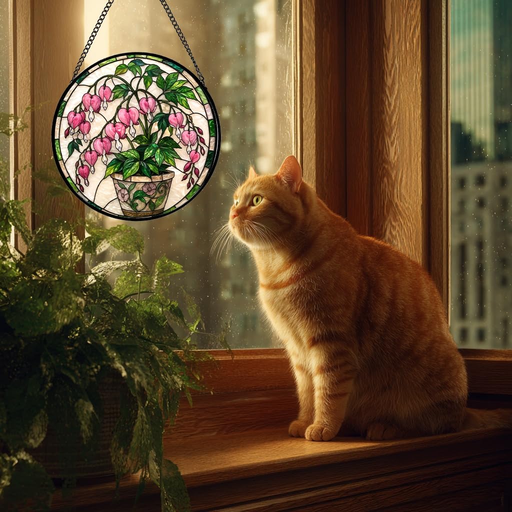 Stained Glass Window Hanging Sun Catcher Stained Glass Kit Style Pink Bleeding Heart Potted Floral Round Panel for Indoor Window Wall Garden Decor Gift