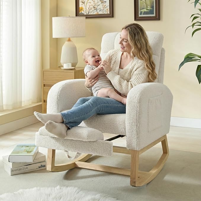 NIOIIKIT Modern Nursery Rocking Chair, Teddy Upholstered Rocking Chair