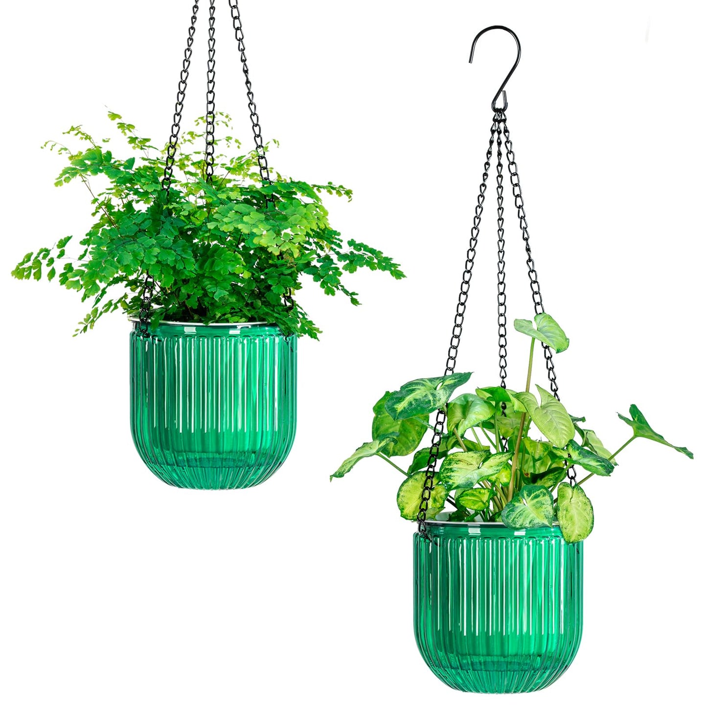 Melphoe 2 Pack Self Watering Hanging Planters Indoor Flower Pots, 5.3 Inch Outdoor Hanging Basket, Plant Hanger with 3Hooks Drainage Holes for Garden Home (Emerald)