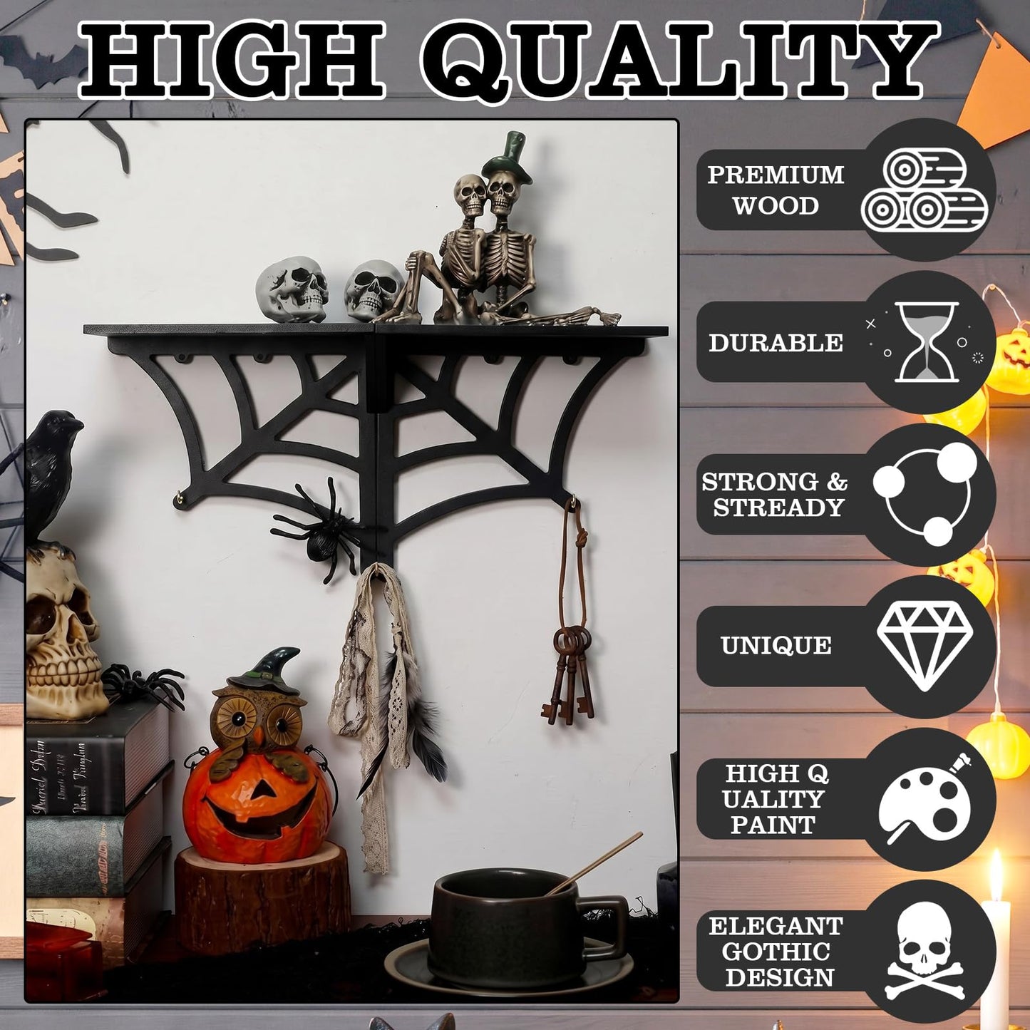 Glenmal 20 Inch Halloween Spider Web Shelf Hang Separately or Together, Goth Room Decor Wood Spooky Hanging Gothic Decor Black Wall Floating Shelves with Hooks for Halloween Bedroom Home Kitchen Party