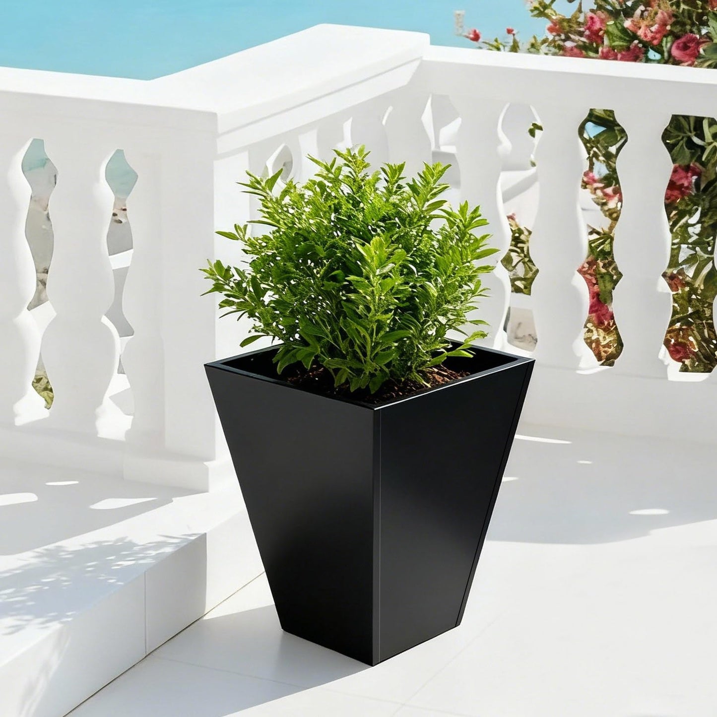 DYNAMI Black Tall Planter for Outdoor Plants,16in W Modern Large Planter Pot with Drainage Hole,Metal Square Flower Pot,for Porch,Garden, Patio, Yard (Black, 16 * 16 * 18in)