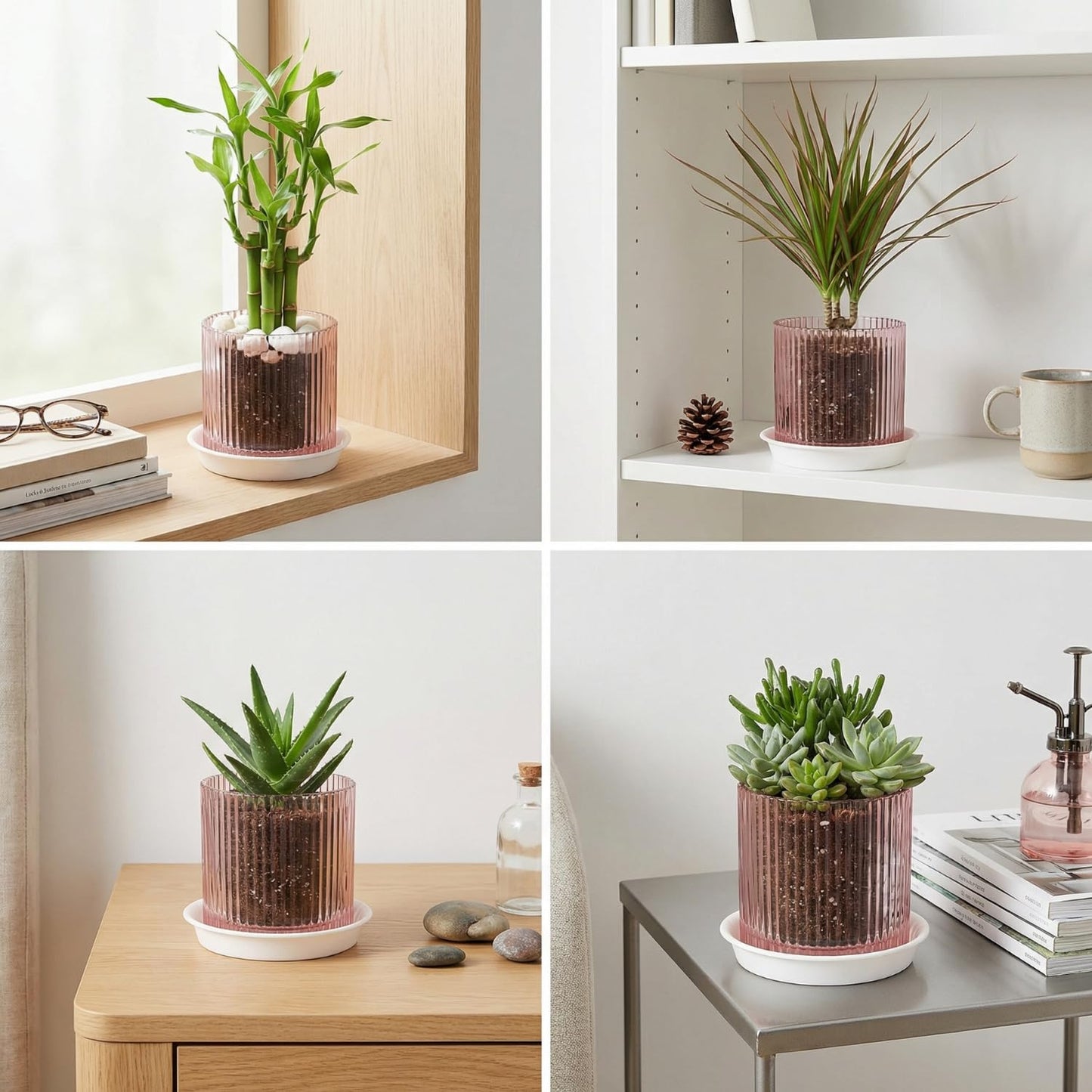Hestremo Pink Glass Plant Pots Indoor, 5 inch Clear Orchid Pots with Drainage Holes & Trays, Small Glass Planter for Indoor Plants, Herbs, Succulent Flower Planter with Ribbed Texture, Set of 2