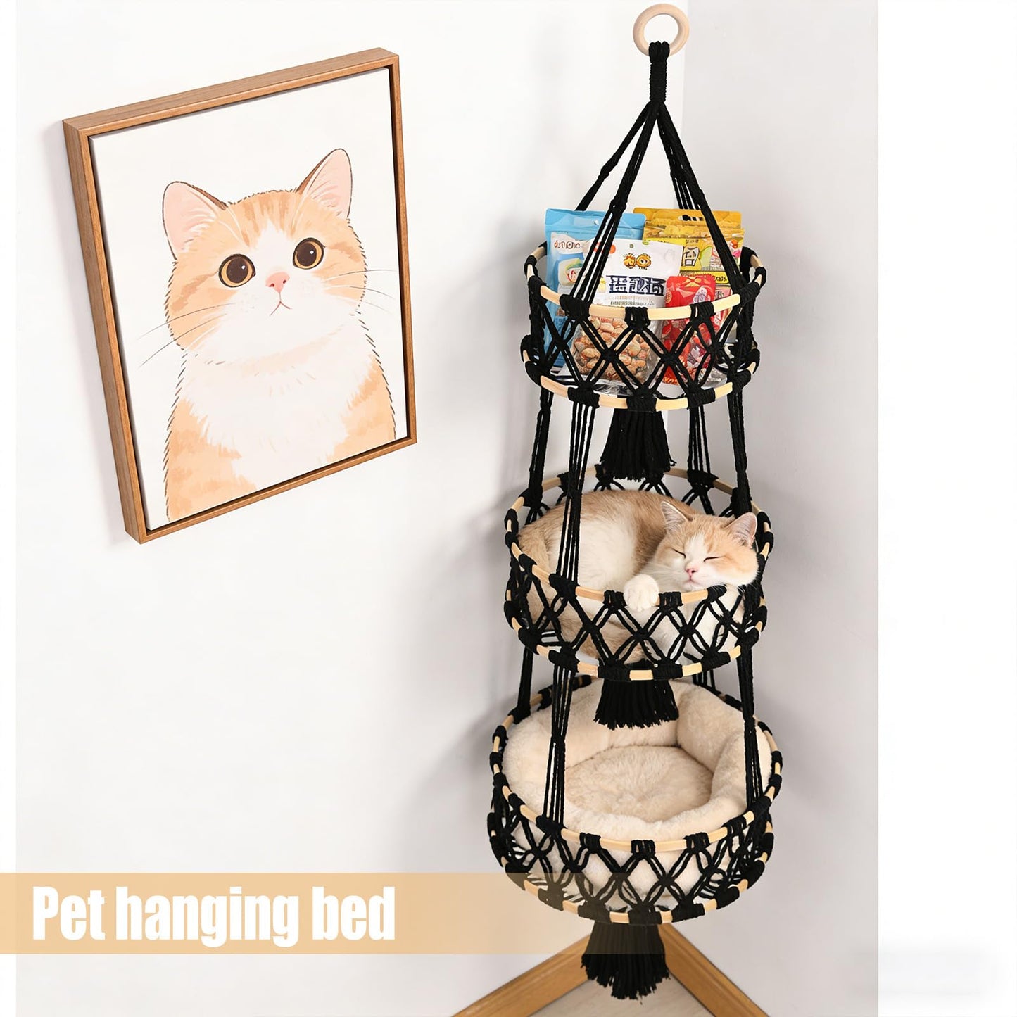 Halidali 3 Tier Hanging Fruit Baskets for Kitchen, Macrame Plant Hanger Cotton Rope Handwoven Hammock Produce Storage Organizer Basket for Plants Holder, Vegetable, Onion, Potato (Black)