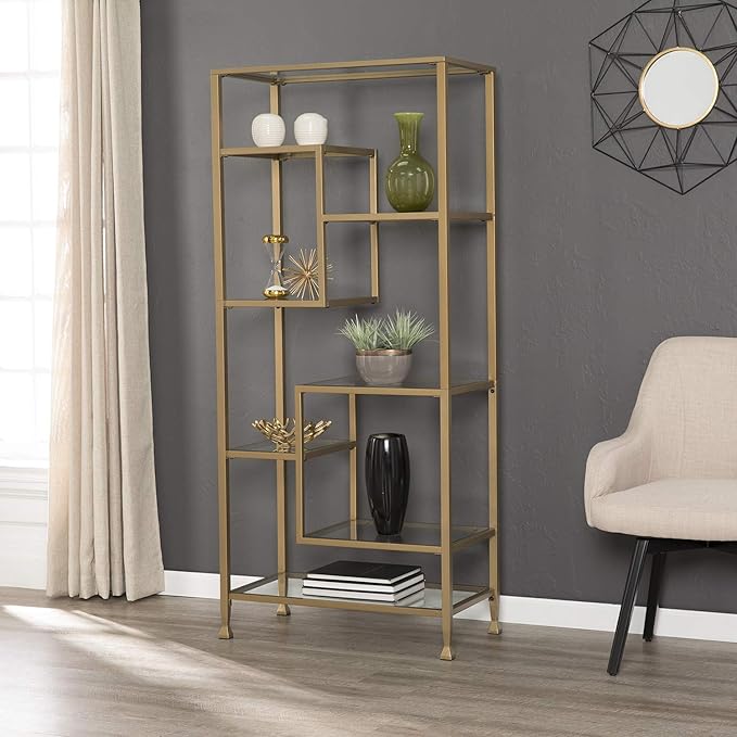SEI Furniture Jaymes Metal/Glass Asymmetrical Étagère/Bookcase
