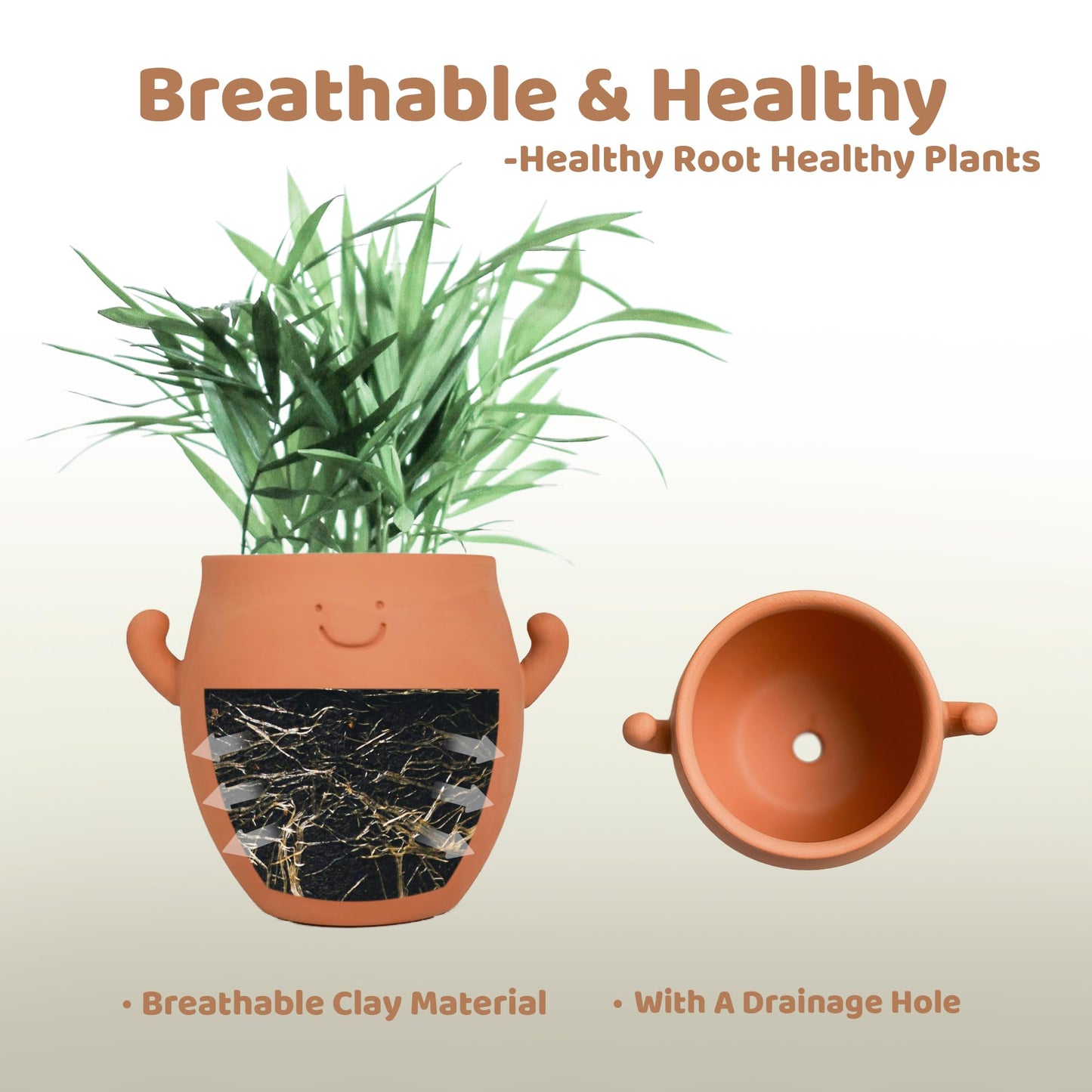YOBRO Terracotta Face Planter, Cute Funny Smiley Clay Pot with Drainage, Breathable Succulent Planter for Indoor & Outdoor, Adorable Gift for Plant Lovers, 5 Inch
