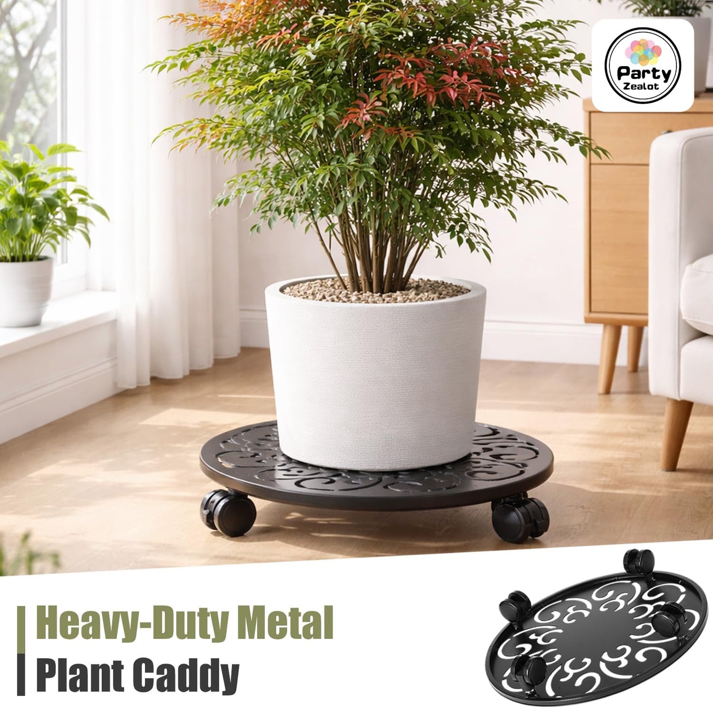 4-Pack 12 Inch Metal Plant Caddy with Wheels Large Heavy-duty Rolling Plant Stands Wheeled Planter Dolly Flower Pot Mover Rollers Rust-proof Garden Coasters Trolley for Indoor Outdoor Use