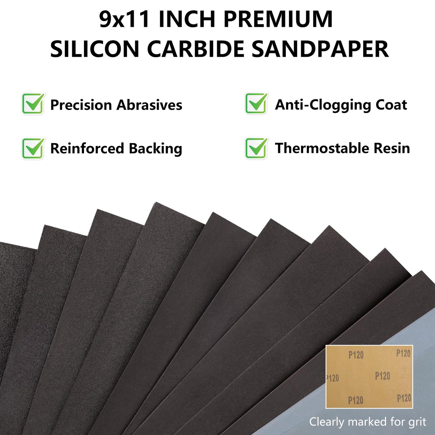 Shineboc Sandpaper Assortment, 18 Sheets, 9 x 11 Inch Wet Dry Sand Paper, 120/180/240/320/400/600/800/1000/2000 Grit Hand Sanding Sheets for Wood Metal Automotive Sanding and Polishing