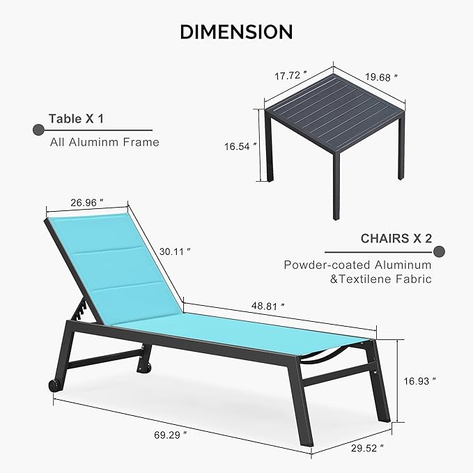 PURPLE LEAF Extra Large Outdoor Chaise Lounge 4 Pieces Aluminum Patio Lounge