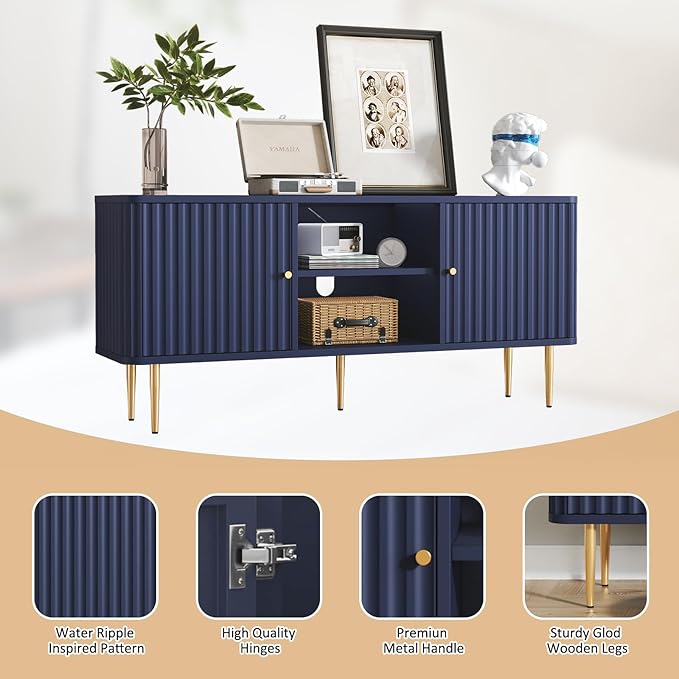 ARTPOWER 55” Fluted TV Stand, Mid Century Modern Blue TV Stand