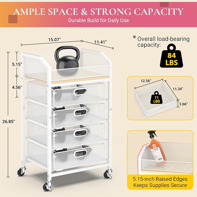 Goovilla Rolling Makeup Organizer Cart with Drawers, 5 Tier Metal Floor Skincare Vanity Organizers with Lockable Wheels, Make Up Storage Cart for Cosmetics Display, Nail Polish, Perfume, White