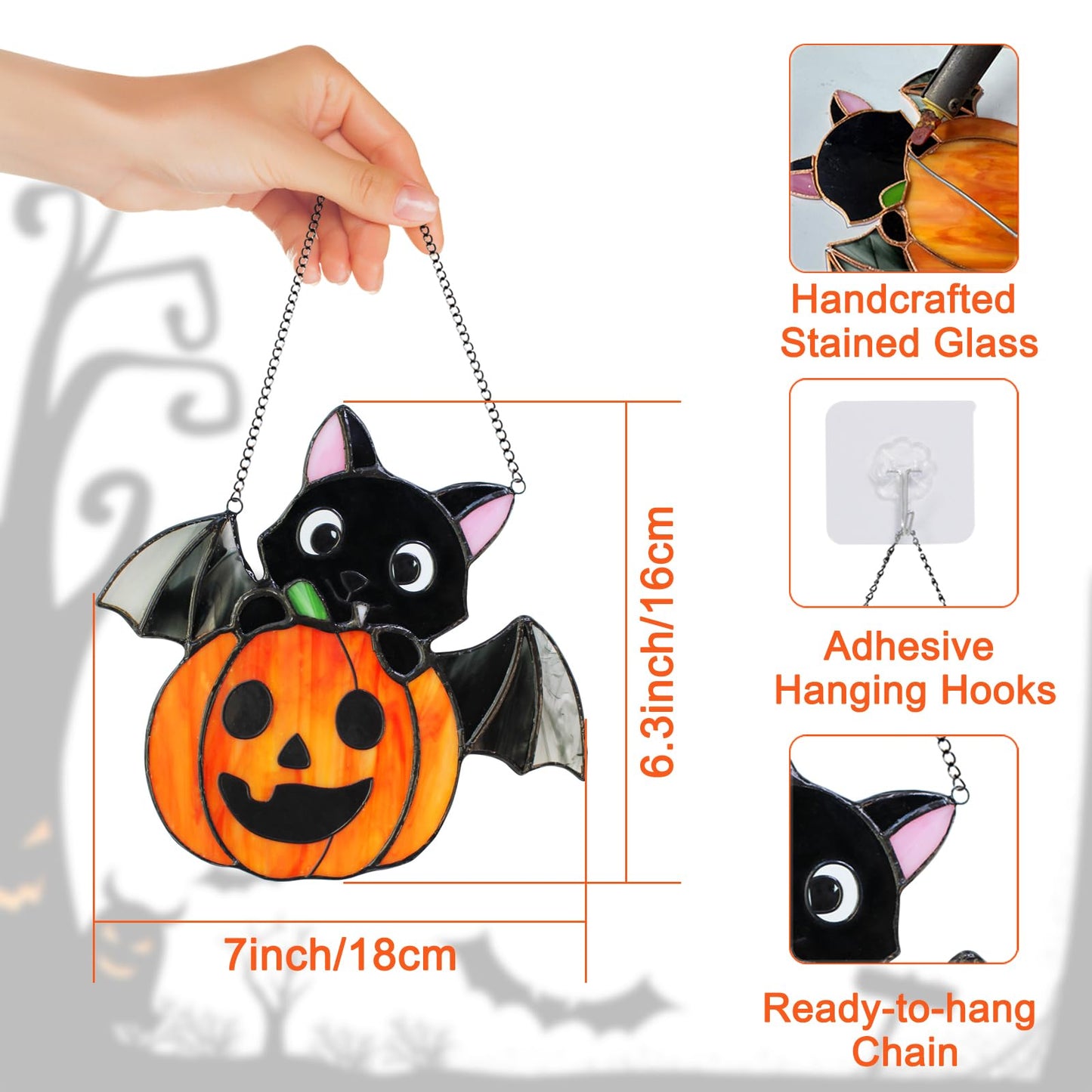 JAWNLITY Stained Glass Window Hanging Sun Catcher, Handmade Bat and Pumpkin Suncatcher for Window, Wall Porch Decoration, Cute Cartoon-Style Stained Glass Halloween Christmas Decor Gift