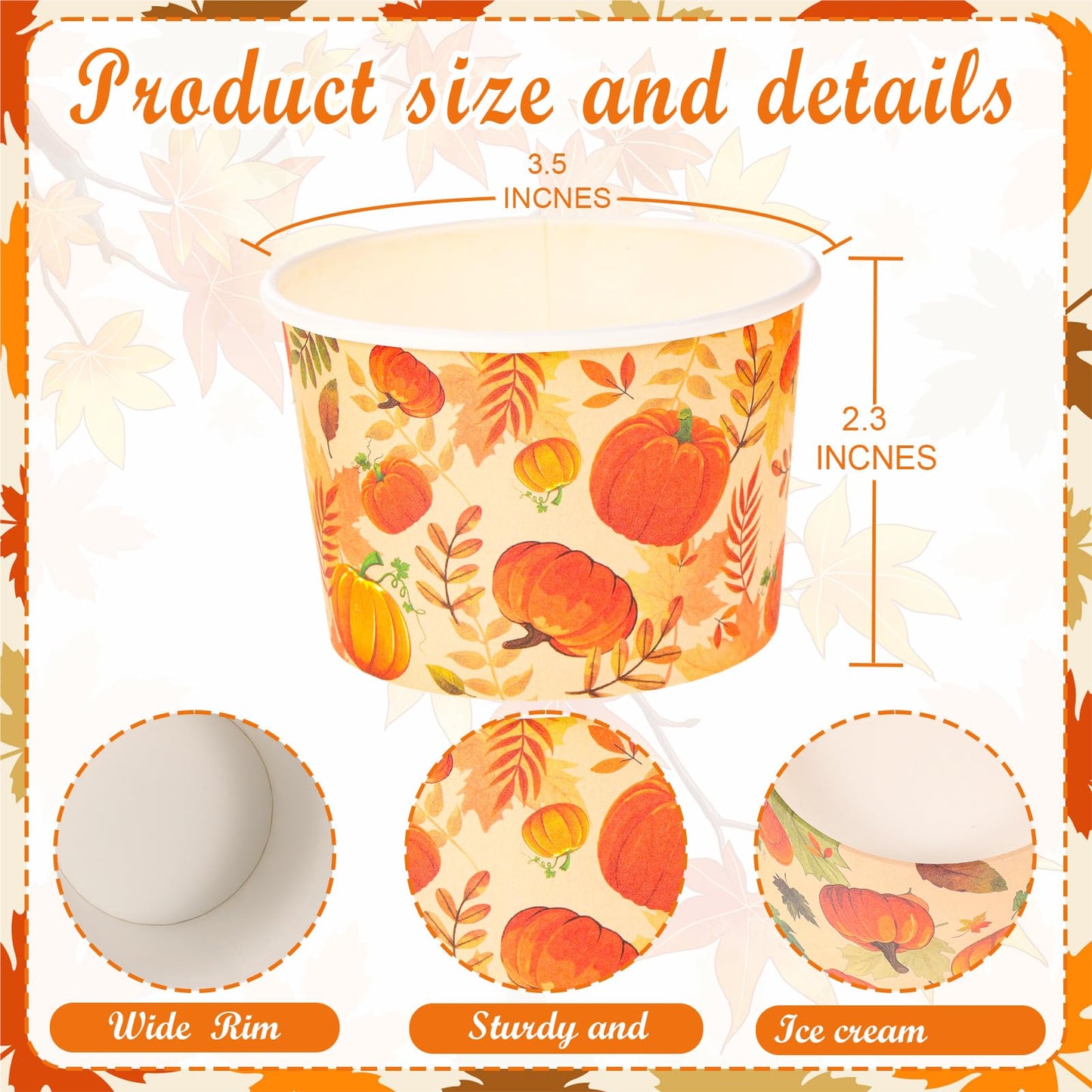 HOWAF 24pcs Fall Party Treat Snack Cups, Autumn Pumpkin Disposable Paper Cup Dessert Ice Cream Bowls for Happy Fall Y’all Party Supplies, Fall Leaves Maple Leaf Pumpkins Ice Cream Cups