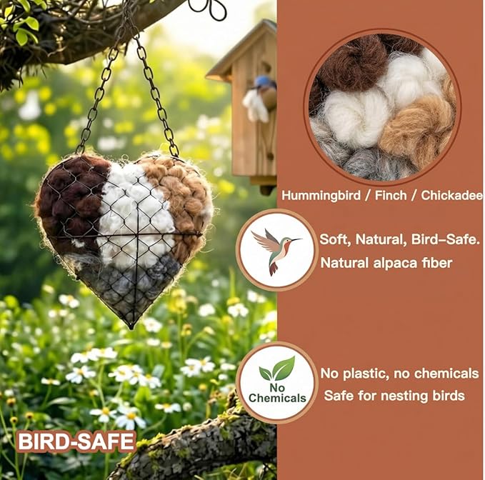 Handmade Alpaca Fiber Bird Nesting Heart, Refillable Nesting Material Accessory for Wild Birds, Outdoor Garden Decoration, Gift for Bird & Nature Lovers, Hummingbird Nesting Material (3 set)