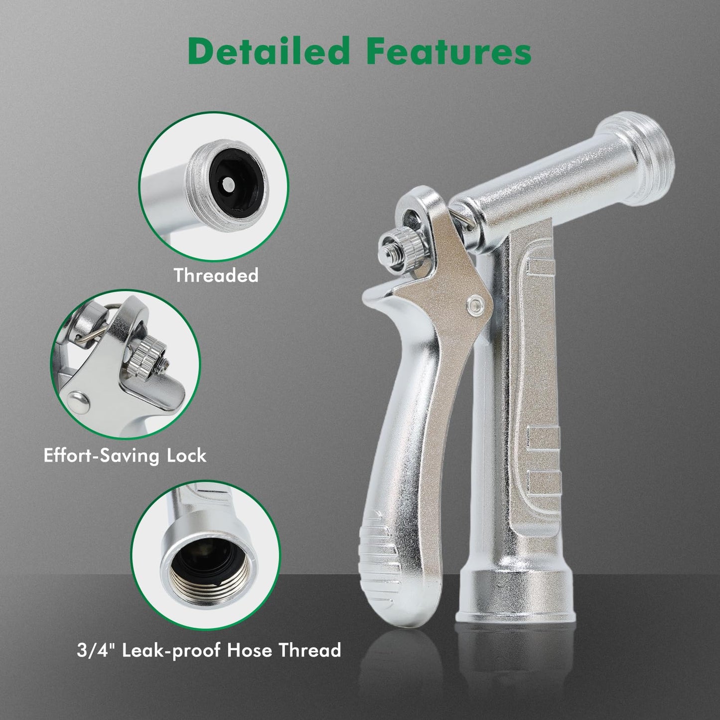 RESTMO 100% Metal Garden Hose Nozzle, 5X Lifespan Rust-Proof Chrome Plated, Heavy Duty Zinc Alloy Pistol Grip with Threaded Front, High Pressure Hose Sprayer Nozzle for Car Washing, Plant Watering