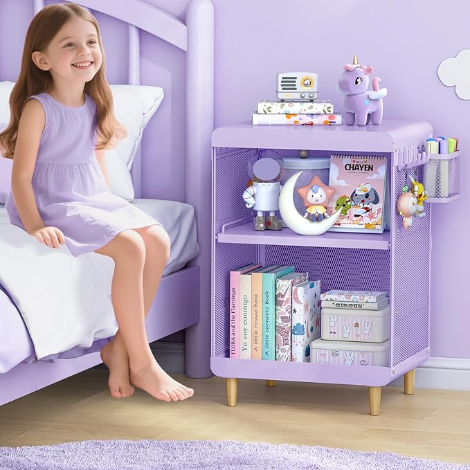 SYKIARIOL Kids Nightstand for Girls, Metal Bedside Table