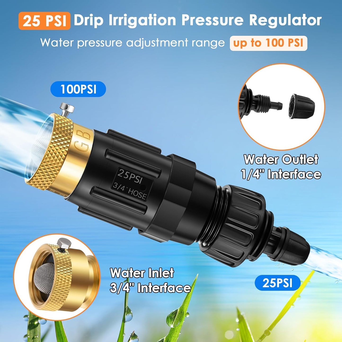 Gulfmew Drip Irrigation Faucet Adapter 25 PSI, 1/4" Tubing Quick Connect to 3/4" Garden Hose with Backflow Preventer, Filter, Tape, Pressure Regulator, Copper Drip Irrigation System Fittings (8 Pack)