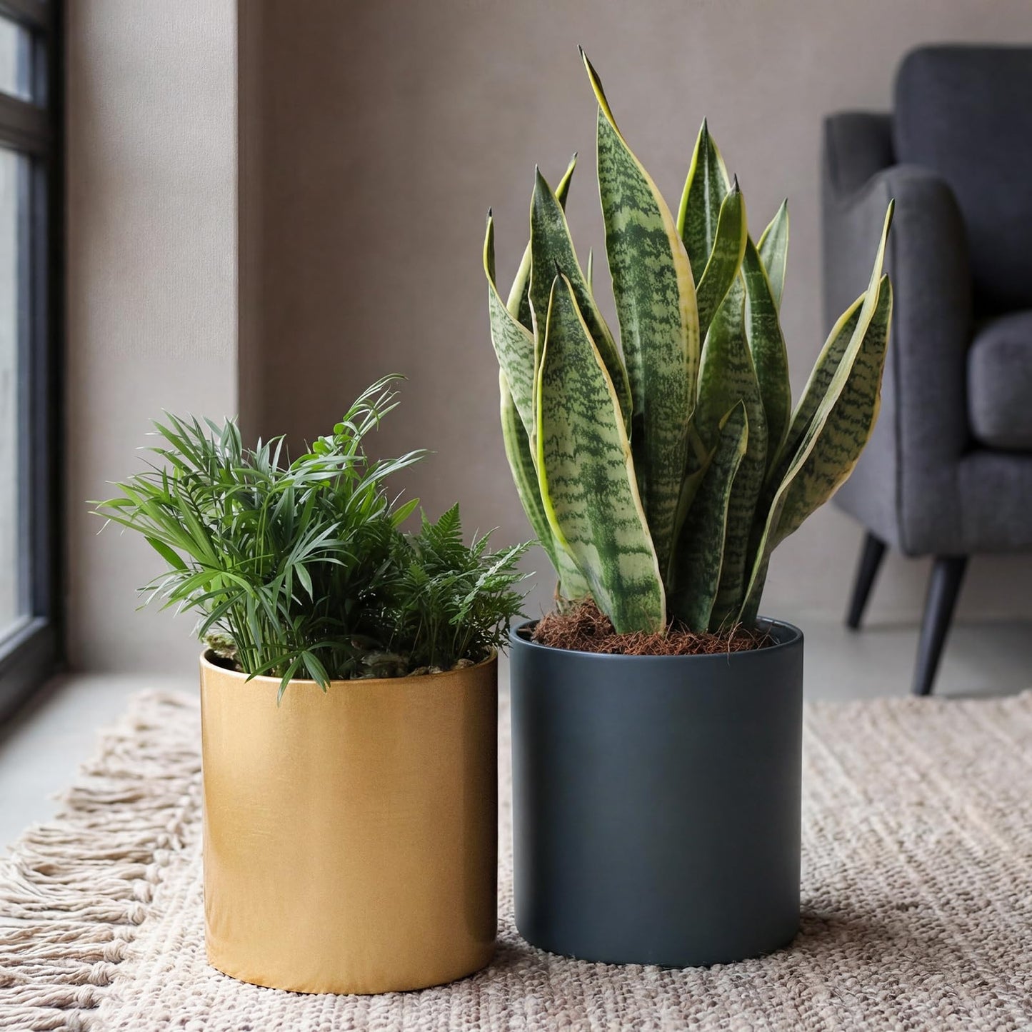 Rioneta Gold Metal Plant Pot with Drainage Hole,7 Inch Mid Century Modern Small Pot Indoor Outdoor Planters for Succulents, Flowers & Home Decor Gift Window Living Room Bedroom