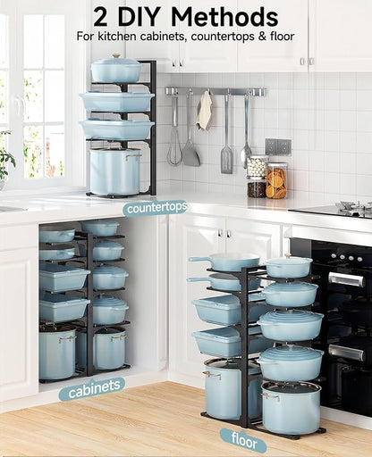 MUDEELA Pots and Pans Organizer Rack under Cabinet 23.62" Height, 10-Tier Adjustable Heavy Duty Pot and Pan Organizer Rack inside Cabinet for Kitchen Organizer Cast-iron Pans, Heavy Cookware