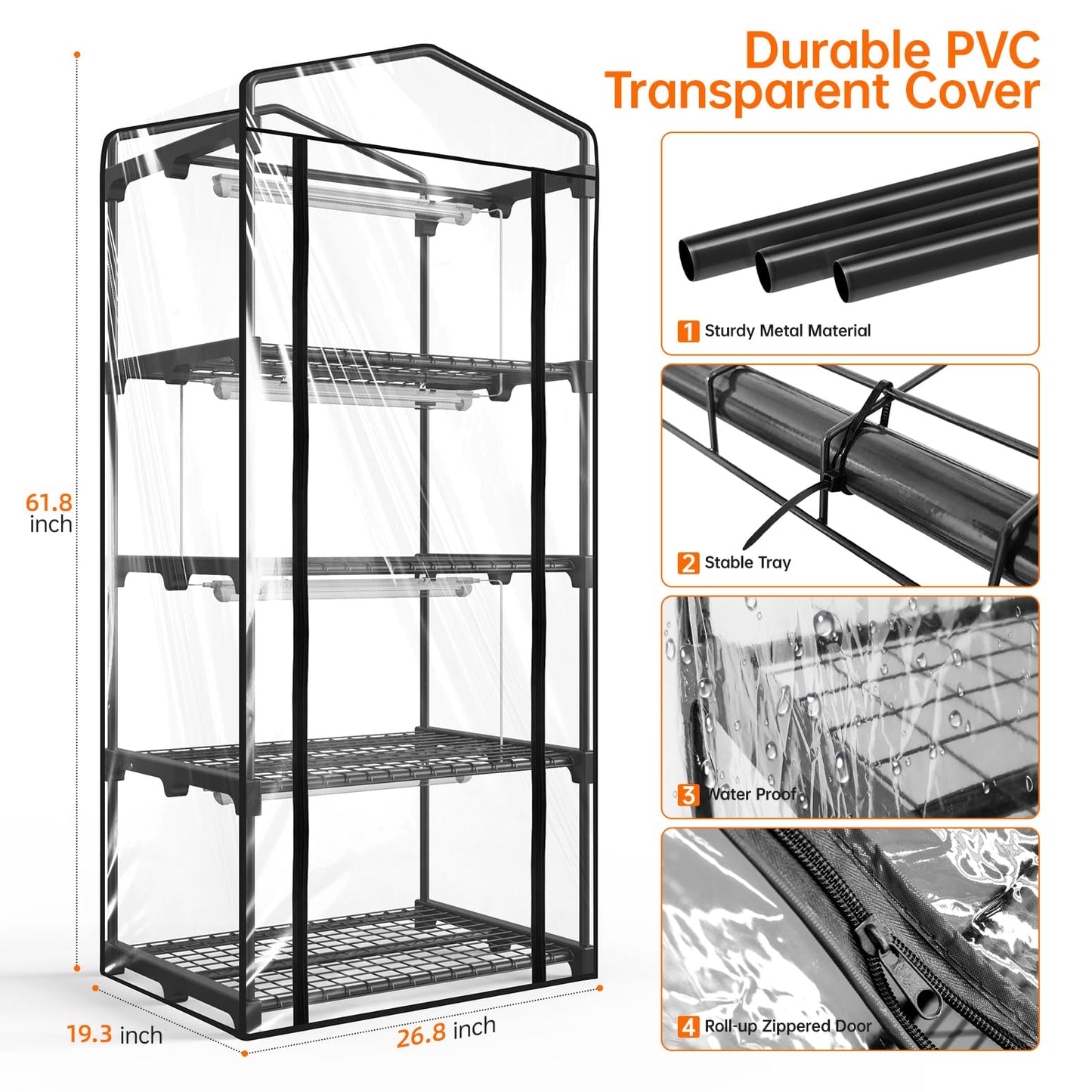 Bstrip Indoor Greenhouse with Grow Light, Mini Green House with 4 Pack 20W Full Spectrum Plant Lights with Timer, Plant Shelf with Tent for Indoor Plant, Seed Starting, Seed Tray, 27.2"x19.9"x61.8"