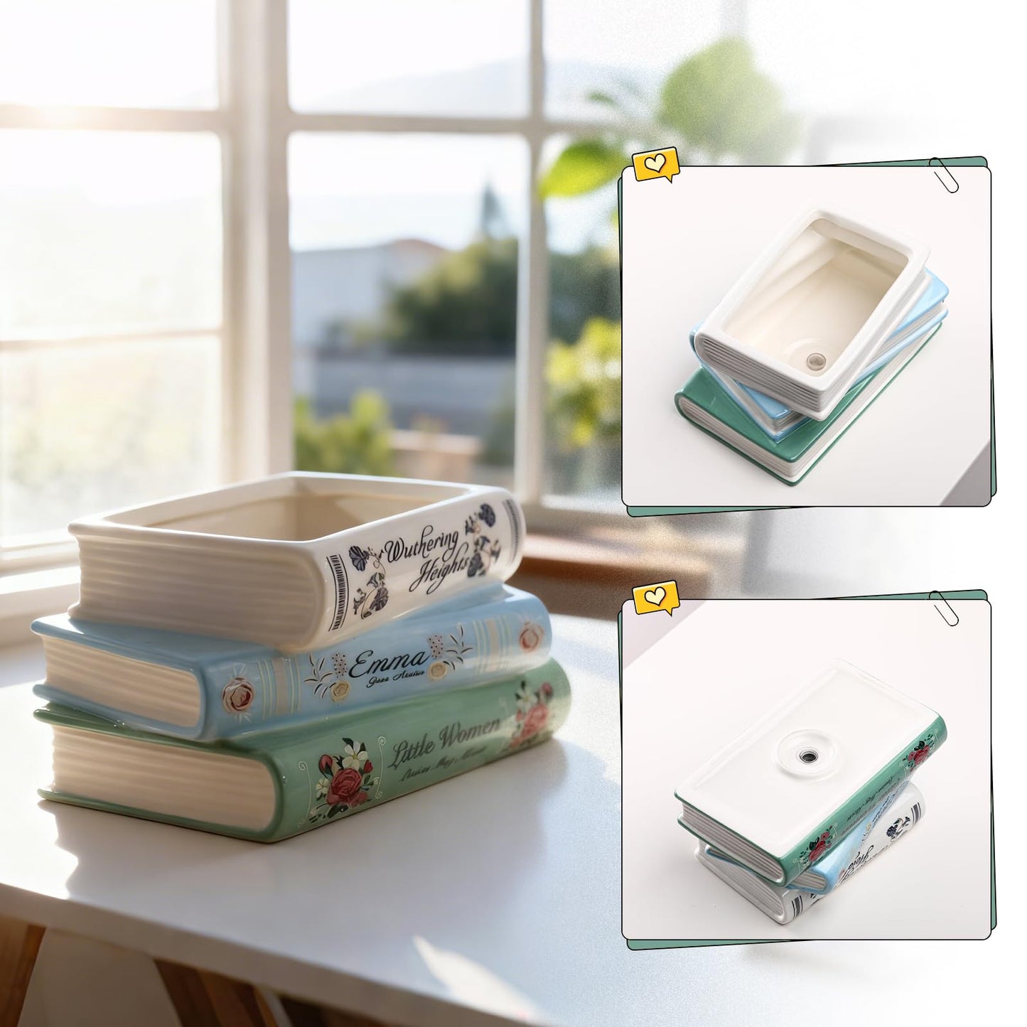 Bookstack Ceramic Planter - Small Flower Vase for Succulents, Air Plants, Desk Decor - Mini Book-Shaped Pot for Bookshelf, Office, Bedroom for Book Lovers (Classic Design) Gifts For Mother Father