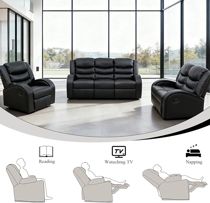 3-Piece Couch Living Room Furniture Sets, Sectional Recliner Sofa Set, Leather