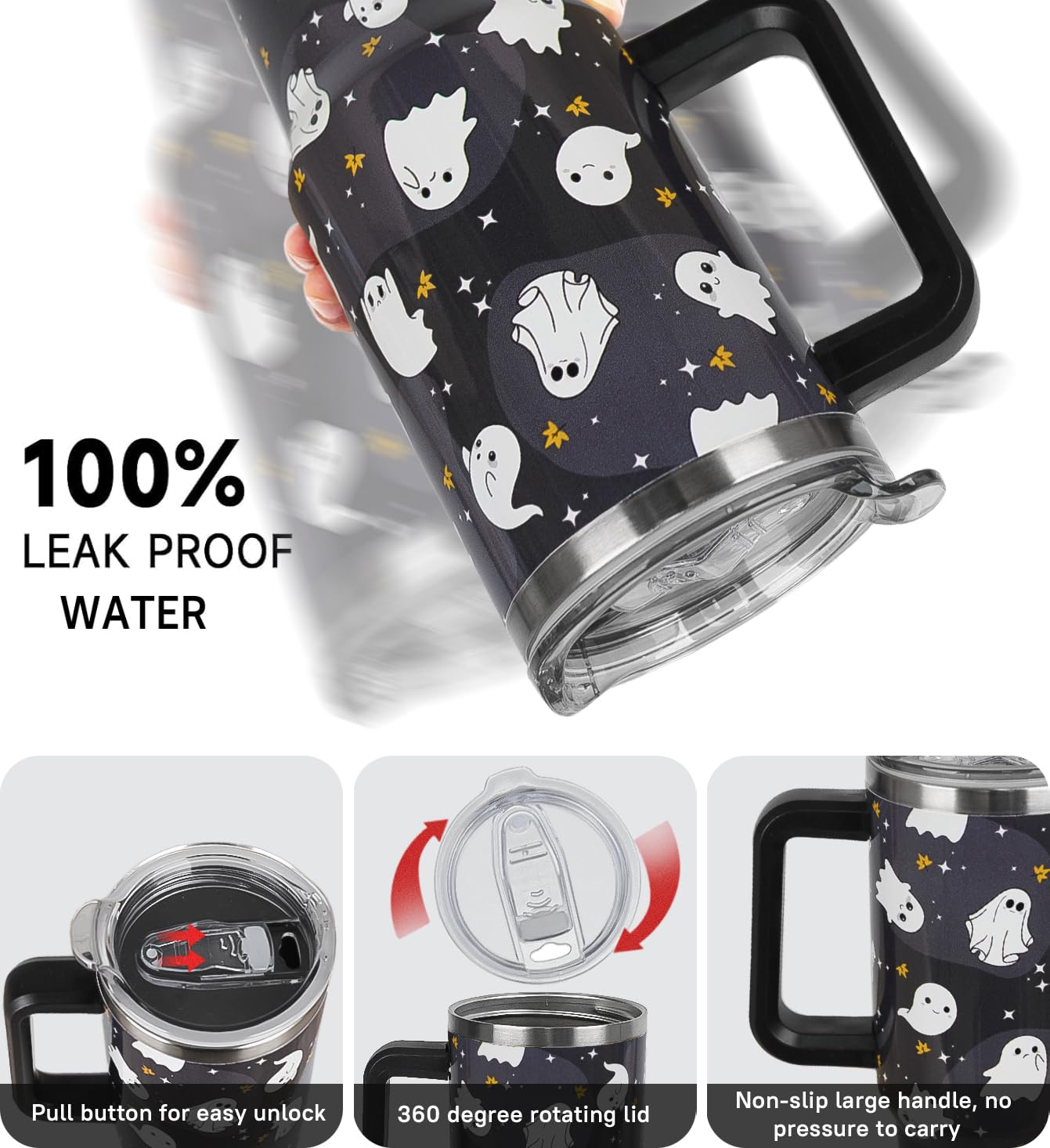 Rcvlauf Halloween Tumbler 40oz Ghost Tumbler Spooky Leak Proof Cups with Handle and Straw Insulated Water Bottle Coffee Travel Mugs for Halloween Decor Gifts for Women Men (1PCS)
