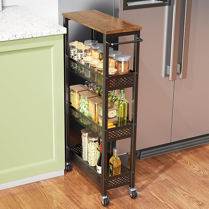 XYZLVSI Slim Storage Cart 4 Tier Narrow Kitchen Rolling Cart on Wheels