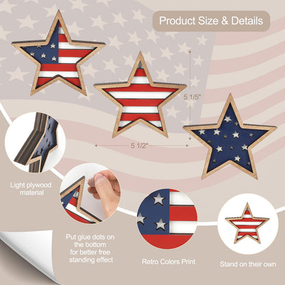 COCHIE 4th of July Decorations Wooden Stars, Patriotic Memorial Day Star Tiered Tray Decor Set of 3, Fourth of July Red White Blue Decoration for Home Office Table Shelf (Flag Hollow)