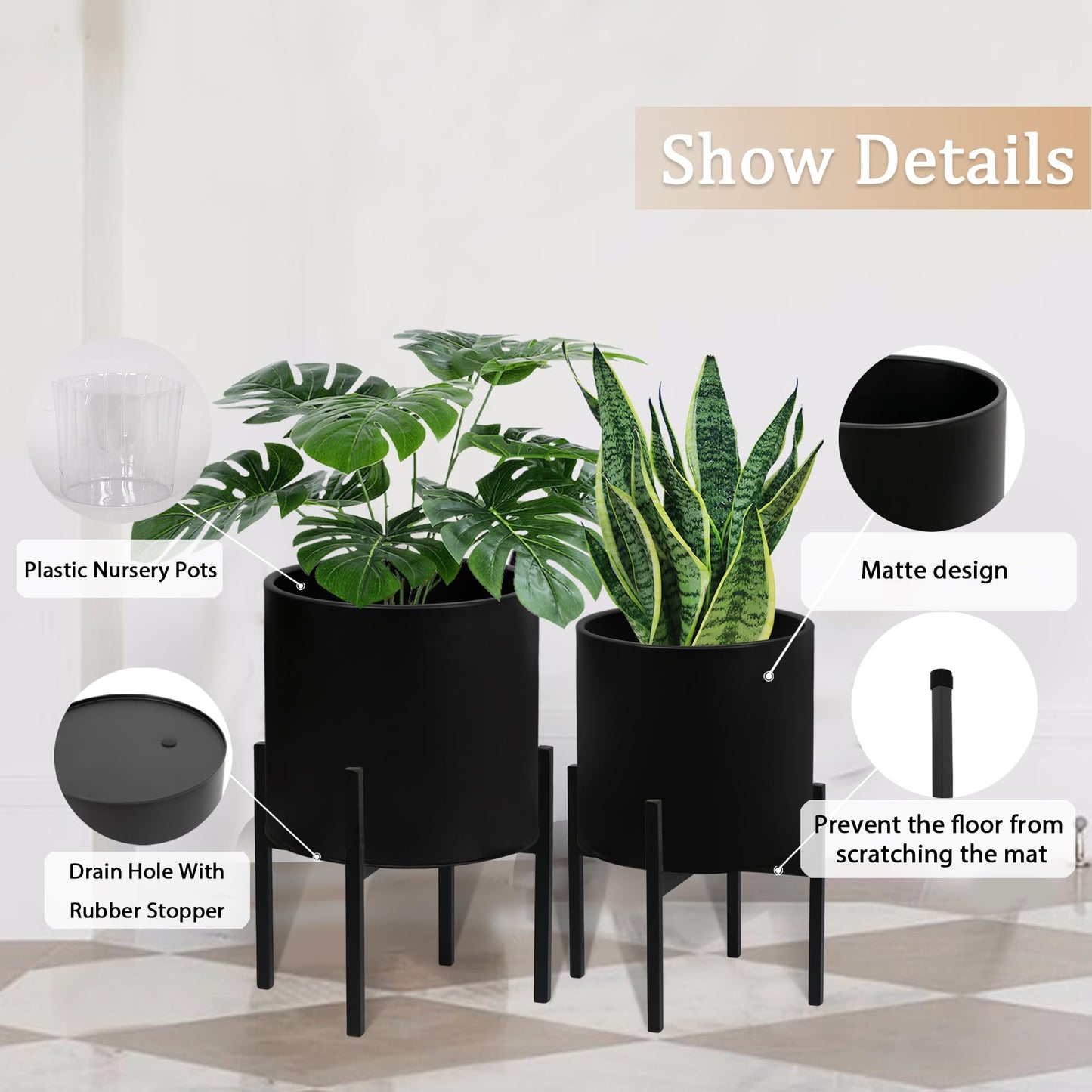 ARNIS Modern Plant Pots, Set of 2 Large Planters with Stand, Decorative Planters, Metal Pots with Drainage Holes for Living Room, Office, Garden or Balcony, 8.25 &10.5 Inch, Blcak