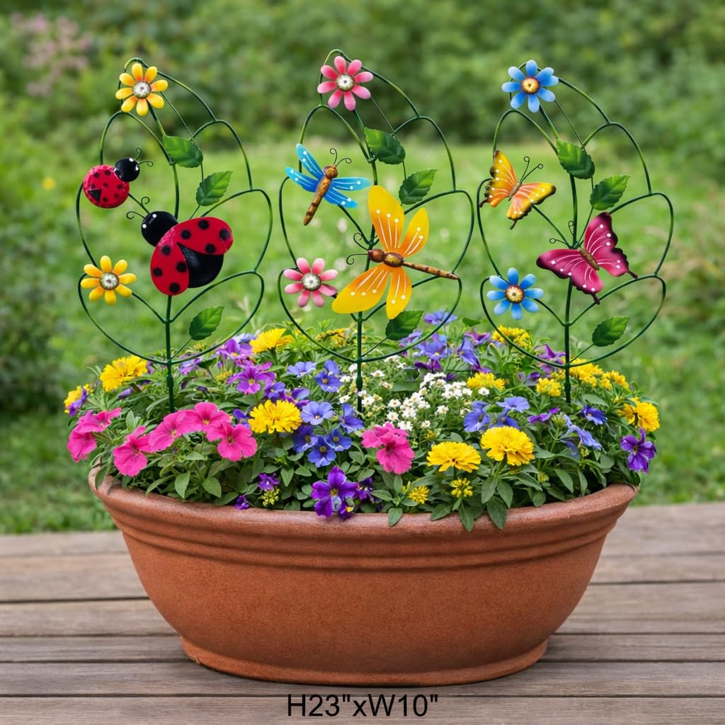 Metal Garden Stakes Set of 3 - Leaf Shaped Plant Support with Butterfly, Dragonfly & Ladybug, Whimsical Yard Art Garden Decorations for Outdoor Lawn Patio Pathway