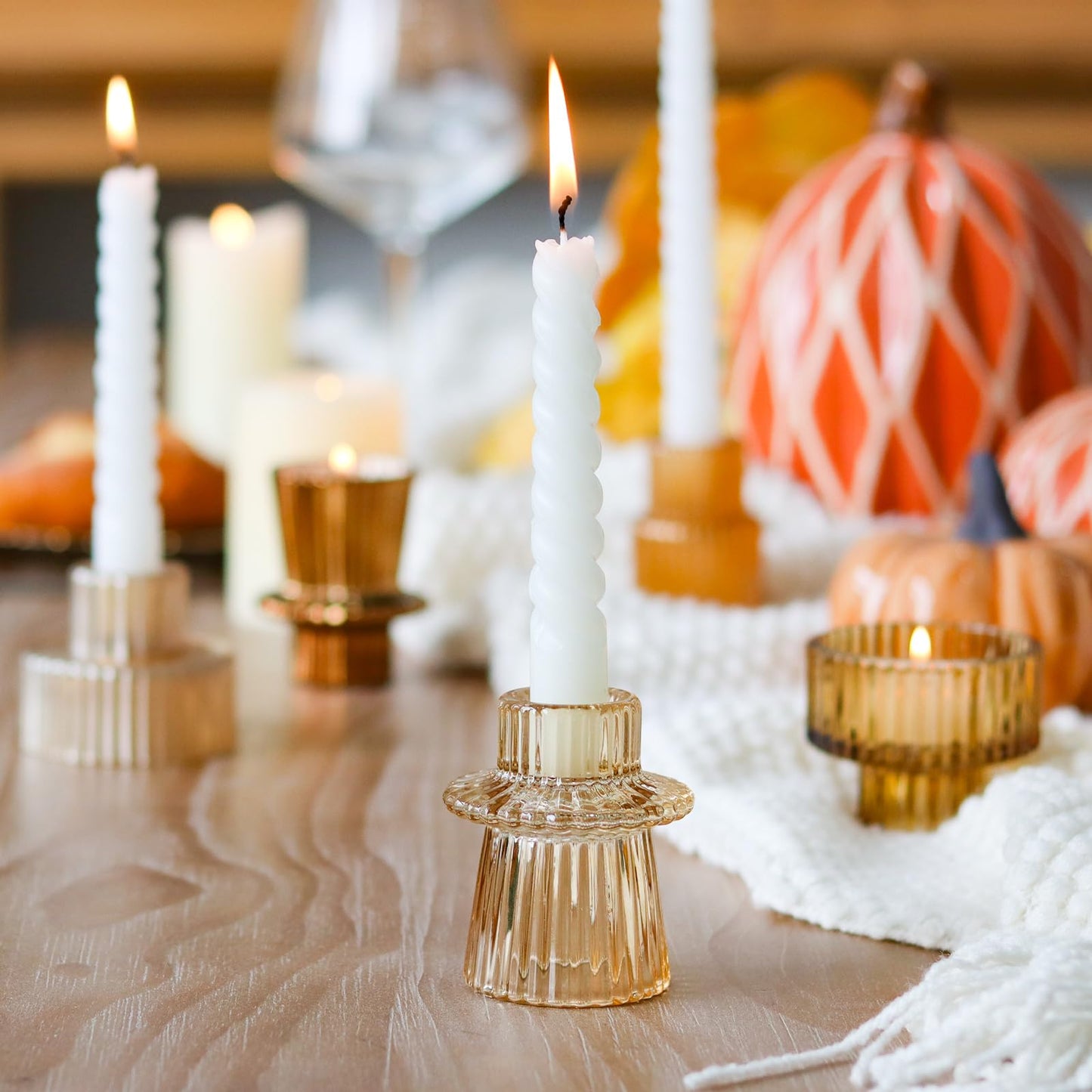 SYFURNIX Gold Candlestick Holders 12PCS Ribbed Glass Taper Candle Holders Set for Tealight Candlestick Candles, Table Centerpieces for Thanksgiving Christmas Farmhouse Decor Indoor and Outdoor