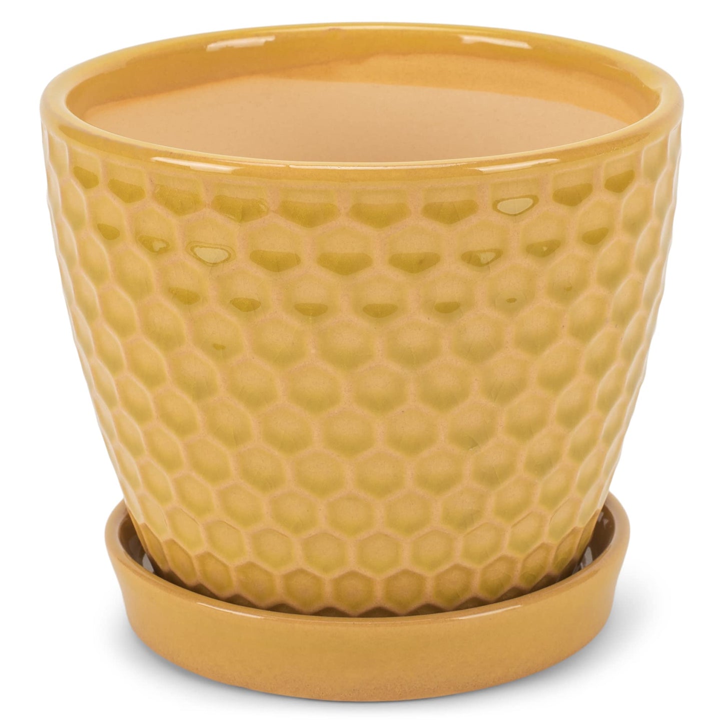 Napco Honeycomb Yellow 4.75 Inch Ceramic Flower Pot Planter with Saucer