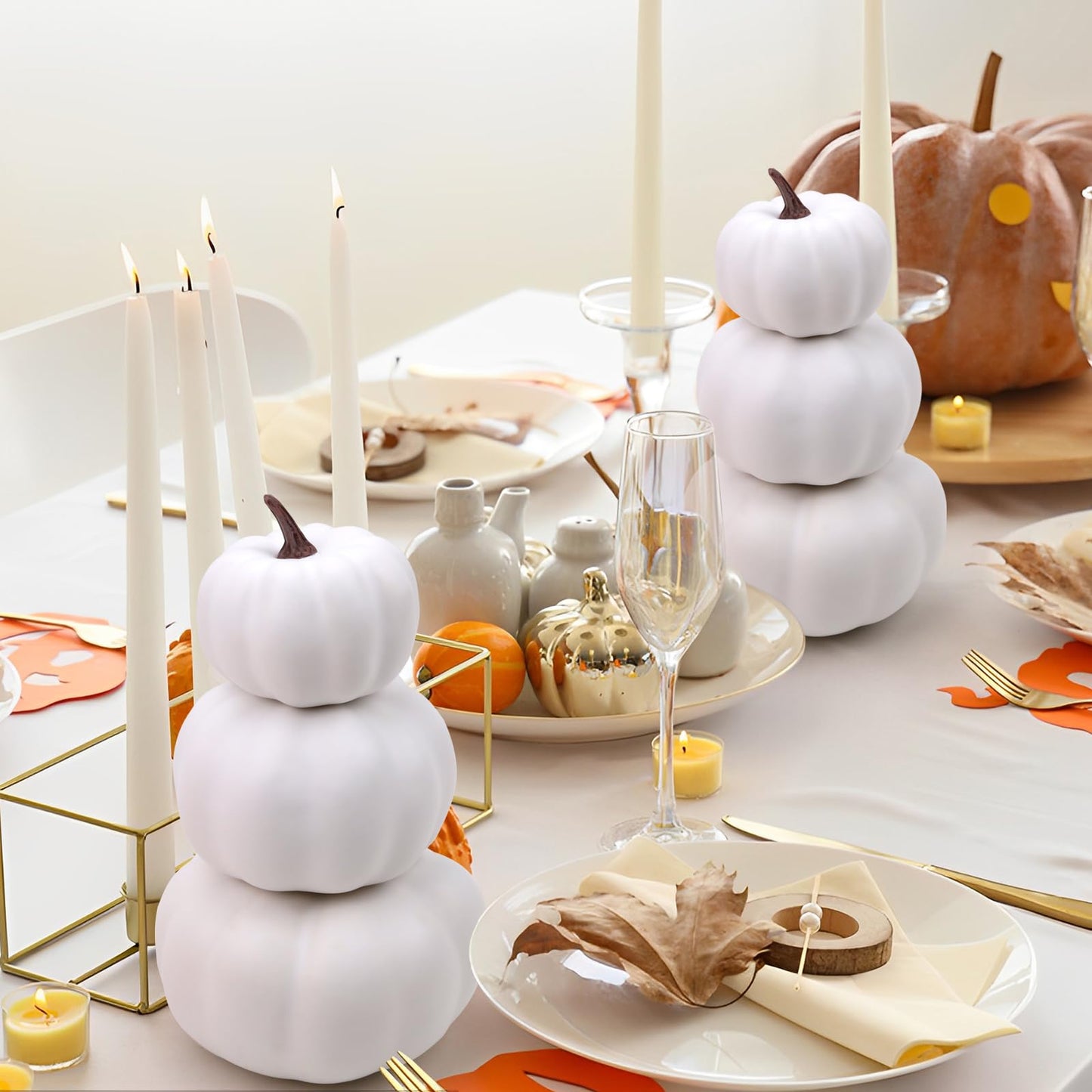 Gresorth 8 Inch Small Stacked White Pumpkins Tower Fake Artificial Halloween Decoration DIY Crafts Paintable Pumpkin for Home Party Table Kitchen Wedding Decorating - 1 Pcs