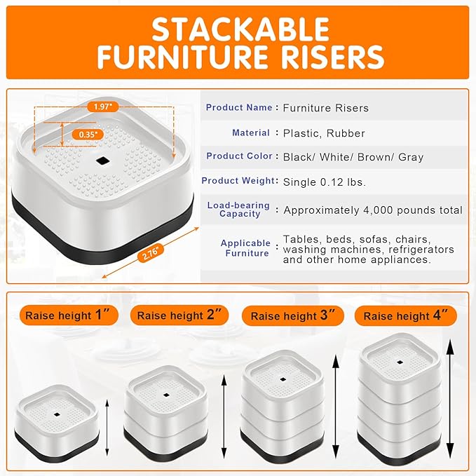 shouwuhho 12 Pack Furniture Risers Adjustable Bed Risers Heavy Duty Lifts