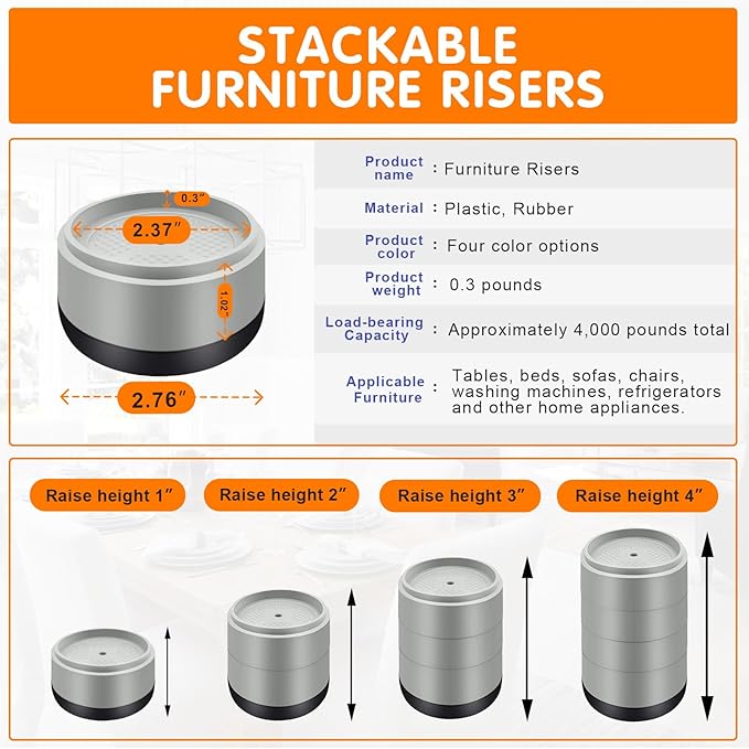 Furniture Risers Bed Risers Heavy Duty 1 inch, 2 inch, 3 inch, 4 inch Round